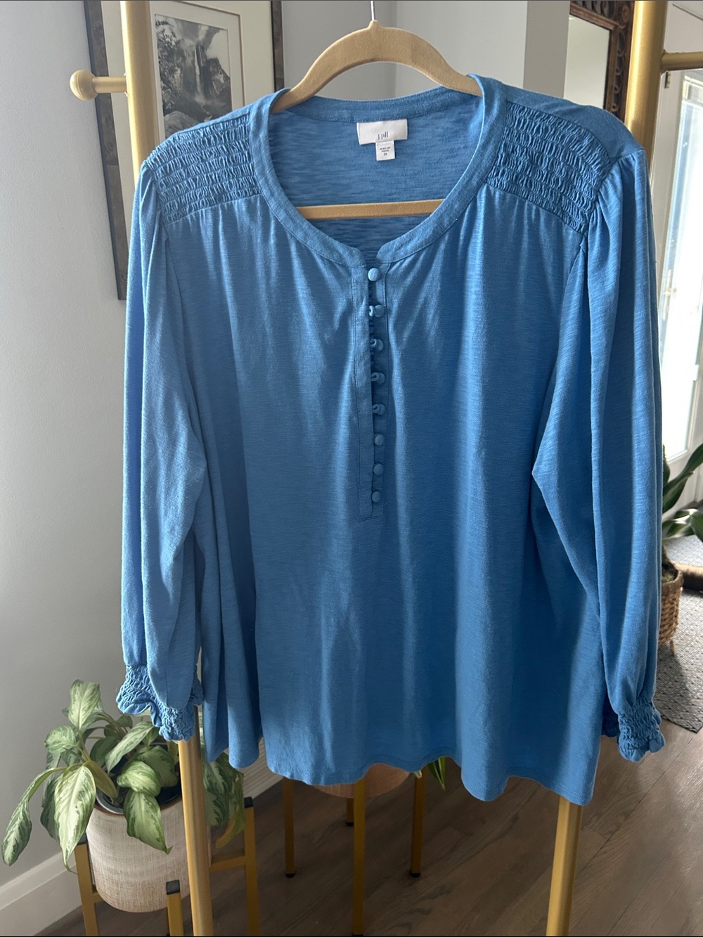 J. Jill Soft Blue Smocked Henley Blouse
